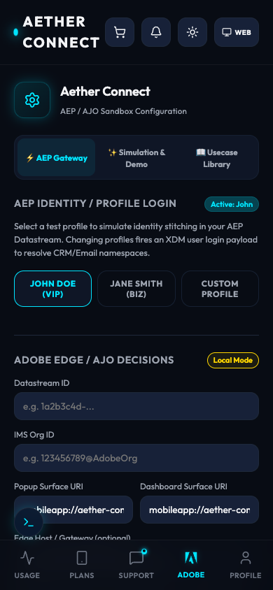 Aether Connect Adobe control center configuration screen.