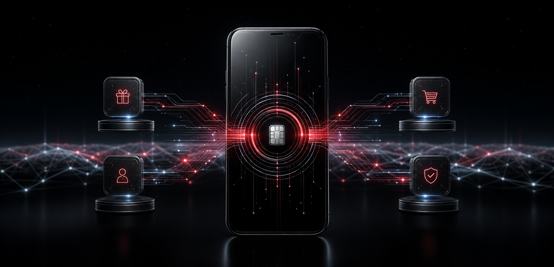 A cinematic telecom device connected to offer, identity, commerce, and assurance signals.
