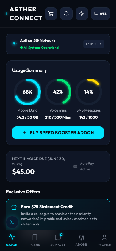 Aether Connect dashboard with telecom usage and personalized promotion surfaces.